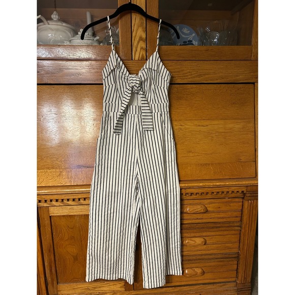 Main Strip Pants - Main Strip Womens Black White Striped Tie Front Wide Leg Jumpsuit Small Cutout
